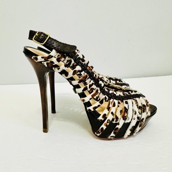 L.A.M.B. LAMB STRAPPY SLINGBACK LEATHER AND FUR STILLETO HIGH HEELS - Picture 3 of 10